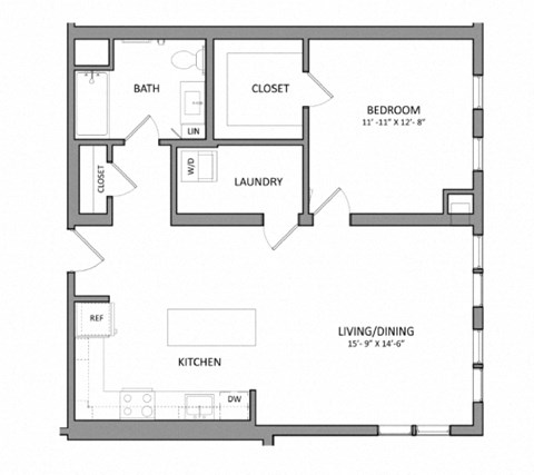 Floor plan for 1 bed, 1 bath, 795 sqft